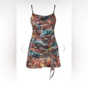 MULTI TIE DYE PRINT MESH RUCHED BODYCON DRESS